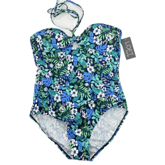 LOFT Swim Blue and Teal One-Piece Swimsuit Halter Tie Floral Design Size XL NEW! - Picture 13 of 13